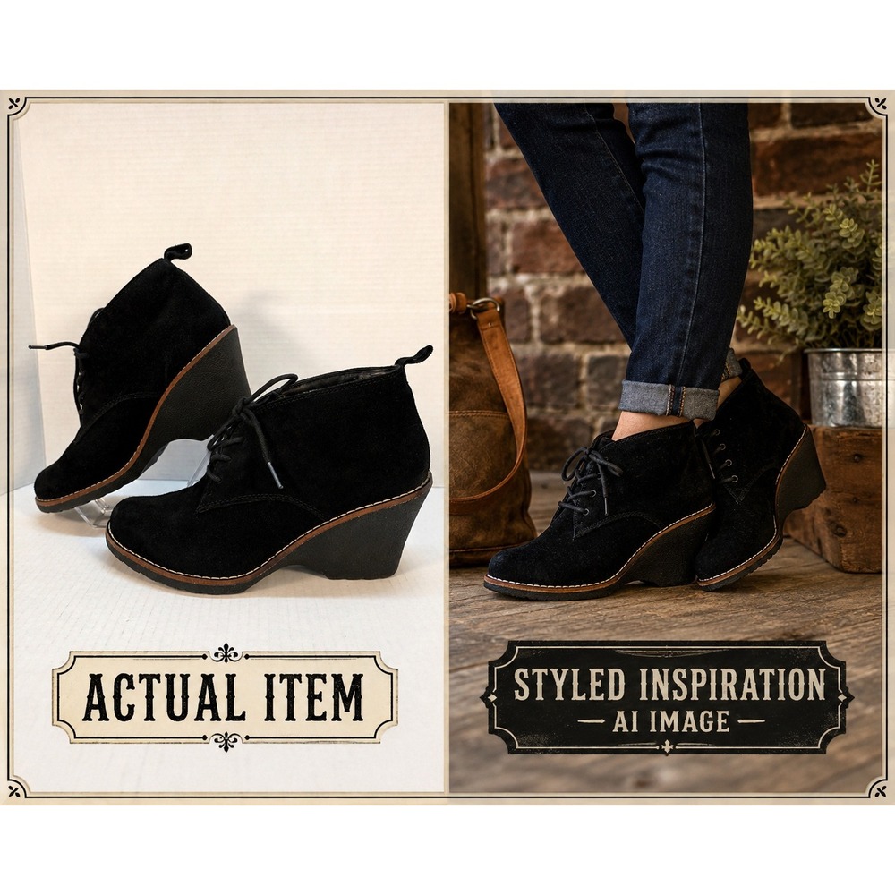 White Mountain Lambert Booties Women 8.5 Black Excellent Suede Wedge Lace Up